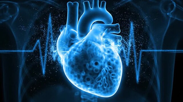 Glowing blue x-ray heart pulsing rhythmically against dark backdrop