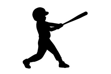 Silhouette of child batter swinging baseball bat during sports game