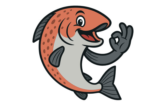 Happy cartoon salmon fish mascot making okay hand gesture
