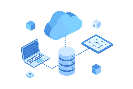 Isometric view of cloud data storage and network infrastructure connection