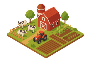 Isometric farm scene with barn tractor cows and cultivated fields © Andrei