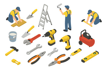 Isometric set of construction workers and essential hand and power tools
