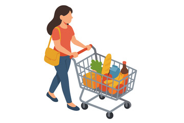 Woman pushing shopping cart loaded with groceries in isometric perspective © Andrei
