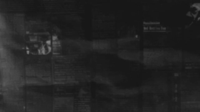 Dark grunge newspaper texture overlay. Mysterious animated background with subtle text columns and noise for horror, crime, or vintage cinematic video editing.