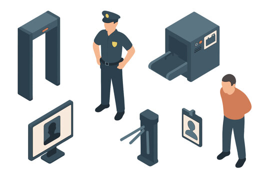 Isometric security checkpoint equipment and personnel icons set