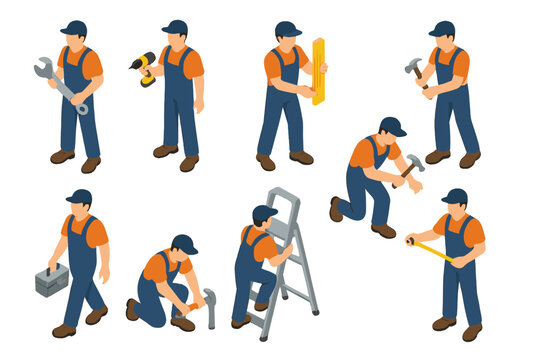 Isometric characters performing various repair and construction tasks with tools
