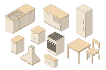 Isometric kitchen furniture and appliance elements for interior design