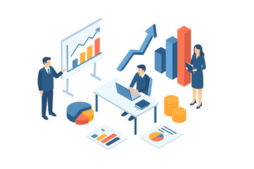 Isometric business team analyzing financial growth charts and currency