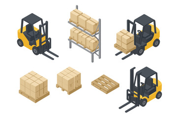 Isometric forklift trucks loading and unloading cargo boxes on pallets © Andrei