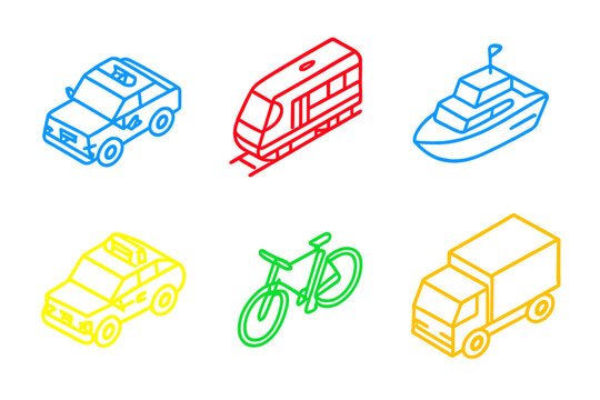 Fototapeta Isometric outline icons featuring colorful transportation vehicles for travel and logistics