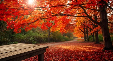 Vibrant autumn scene with a wooden bench beside a path covered in bright red and orange fallen maple leaves under a sunny sky