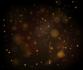 Blurred golden dust bokeh effect with glittering particles on dark backdrop ideal for festive designs adding glamour and sparkling texture