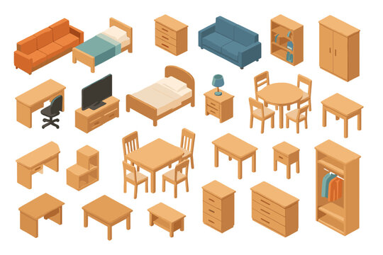 Isometric collection of wooden and upholstered home furnishing elements