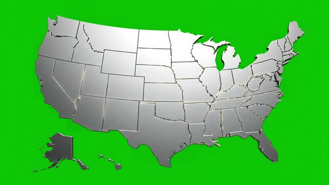 Green Screen map of united states america showing different animated usa contiguous lower 48 u s state on an isolated chroma key background scene 1 with distortion, overlay, glitch, static noise, scan