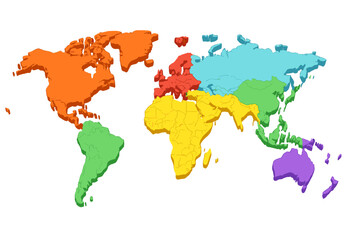 Color coded 3D world map continents with raised relief visualization