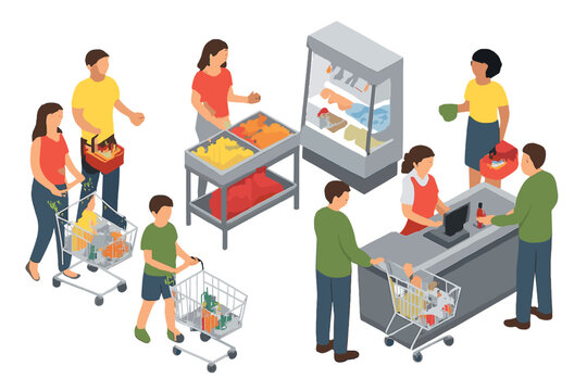 Isometric view of diverse shoppers buying food at supermarket produce stands and checkout