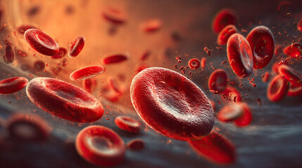 Erythrocytes and cholesterol cells in blood vessel concept. Close-up view of red blood cells in motion, showcasing their structure.