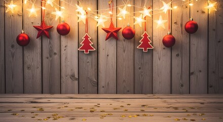 Warm glowing starshaped string lights and hanging red christmas ornaments, including baubles, stars, and tree shapes, against a weathered wooden wall backdrop for a cozy atmosphere