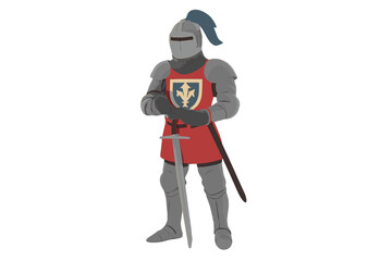 Cartoon medieval knight in full armor holding a sharp sword