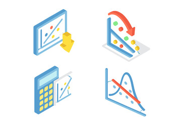 Isometric icons set for financial data analysis and calculation
