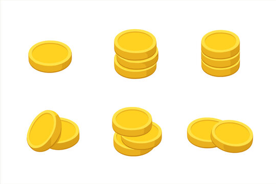 Isometric golden coins stacks and piles set isolated on white background