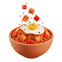 Delicious Kimchi Fried Rice with a SunnySide Up Egg and Falling Ingredients.
