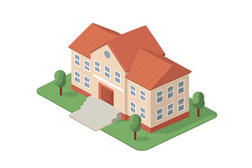 Isometric view of traditional public building with pitched roof and surrounding trees