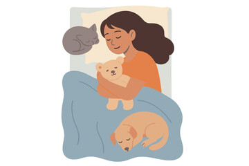 Child sleeping soundly with teddy bear and companion pets