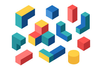 Isometric colorful geometric shapes and building blocks collection