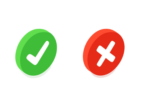 Isometric 3D checkmark and cross icons in green and red circles