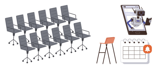 Rows of office chairs, standing desk with stool, smartphone screen featuring robotic assistant and calendar alert. Ideal for automation, office productivity, scheduling, planning, organization