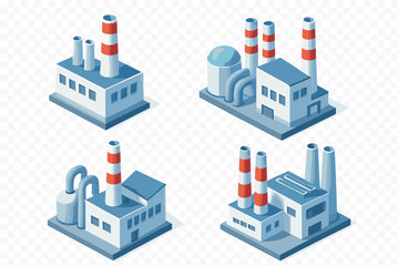 Isometric factory building icons set with smokestacks and pipes
