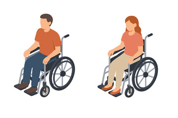 Fototapeta premium Isometric male and female figures sitting in wheelchairs