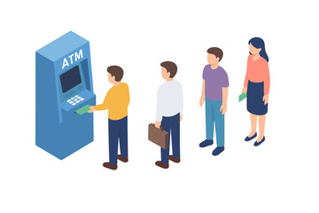 Isometric people queuing for cash withdrawal at blue automated teller machine