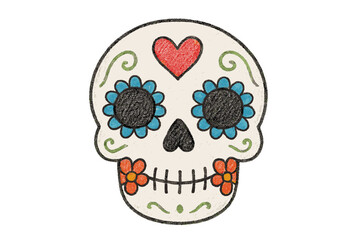 Vibrant sugar skull design featuring heart and floral embellishments