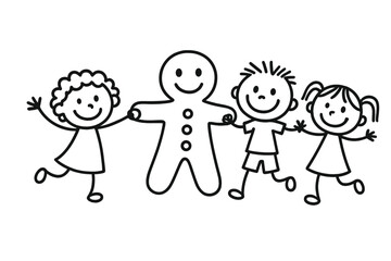 Happy stick figure children holding hands with gingerbread man outline