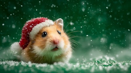 A humorous and cute hamster wearing a festive Santa hat during Christmas celebration