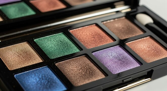 Eyeshadow palette makeup beauty cosmetics colors fashion glamour style artistic vibrant pigment shimmer metallic professional blending application artistry - Powered by Adobe