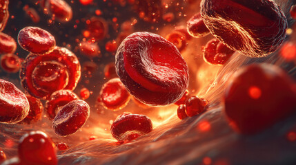 Blood clot blocking red blood cells stream in artery concept. Dynamic view of red blood cells in a vibrant biological setting.