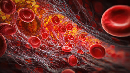 Fat and cholesterol in human blood vein concept. Illustration of red blood cells flowing through a blood vessel.
