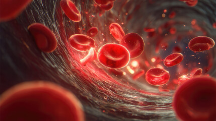 Fat and cholesterol in human blood vein concept. Illustration of red blood cells flowing through a blood vessel.
