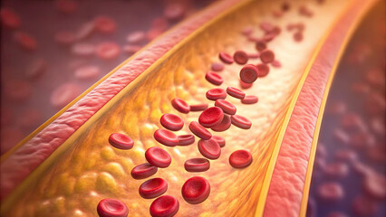 Clogged arteries with cholesterol plaque concept. Illustration of red blood cells flowing through a blood vessel.