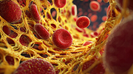 Erythrocytes and cholesterol cells in blood vessel concept. Intricate visualization of blood cells and tissues in the body.