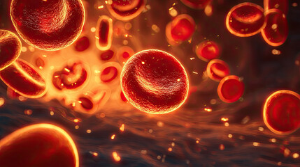 Erythrocytes and cholesterol cells in blood vessel concept. Magnified view of vibrant red blood cells in motion.