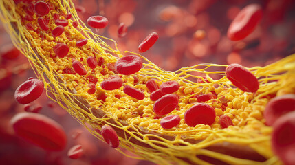 Clogged arteries with cholesterol plaque concept. Microscopic view of blood cells and fat structure in arteries.