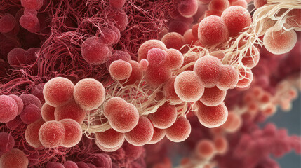 Blood clot blocking red blood cells stream concept. Microscopic view of bacteria in vibrant colors displaying structure.