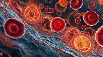 Blood clot blocking red blood cells stream in artery concept. Microscopic view of blood cells in motion within the bloodstream.