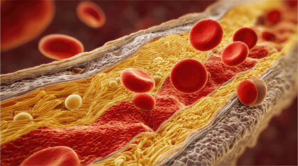 Clogged arteries with cholesterol plaque concept. Microscopic view of blood vessels and red blood cells flow.