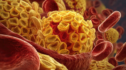 Erythrocytes and cholesterol cells in blood vessel concept. Microscopic view of cells showcasing intricate biological structures.