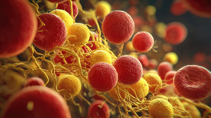 Atherosclerosis blocked blood vessel by plaque concept. Microscopic view of colorful microorganisms in a cellular environment.